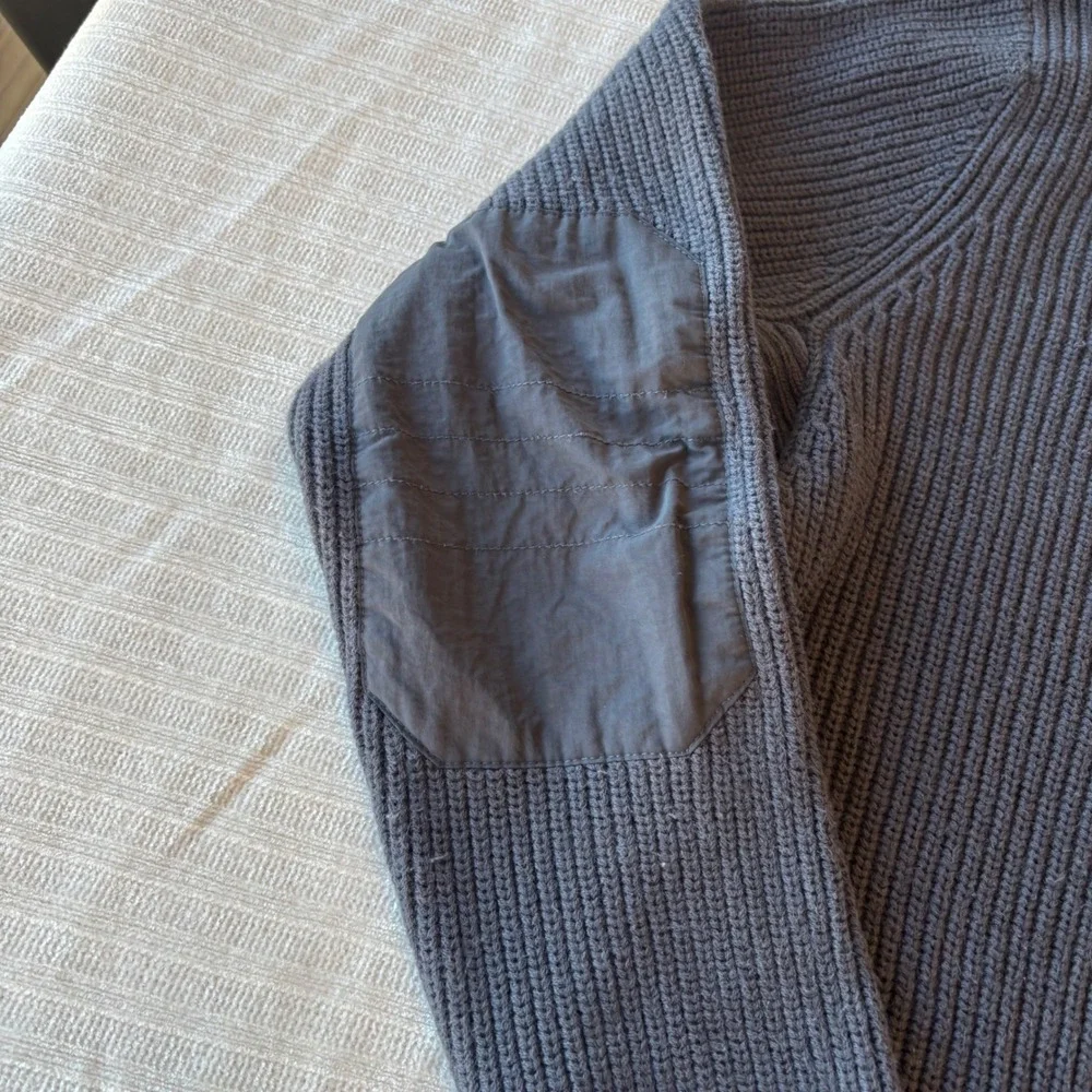 Duluth Trading Co Mens Gray Ribbed Henley Sweater Nylon Trim Elbow Patches M